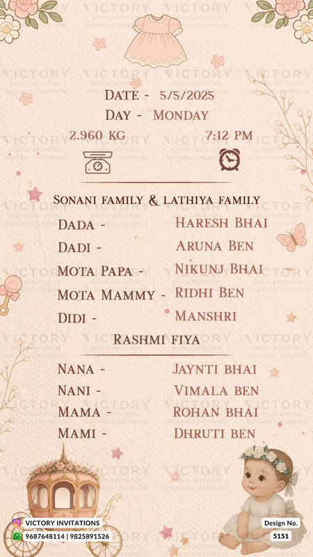 A baby shower invitation card with a pink and beige theme, featuring a baby dress illustration at the top, a baby at the bottom right, and a small temple illustration at the bottom left. The card lists names, dates, time, weight, and family names in a clean, readable format.