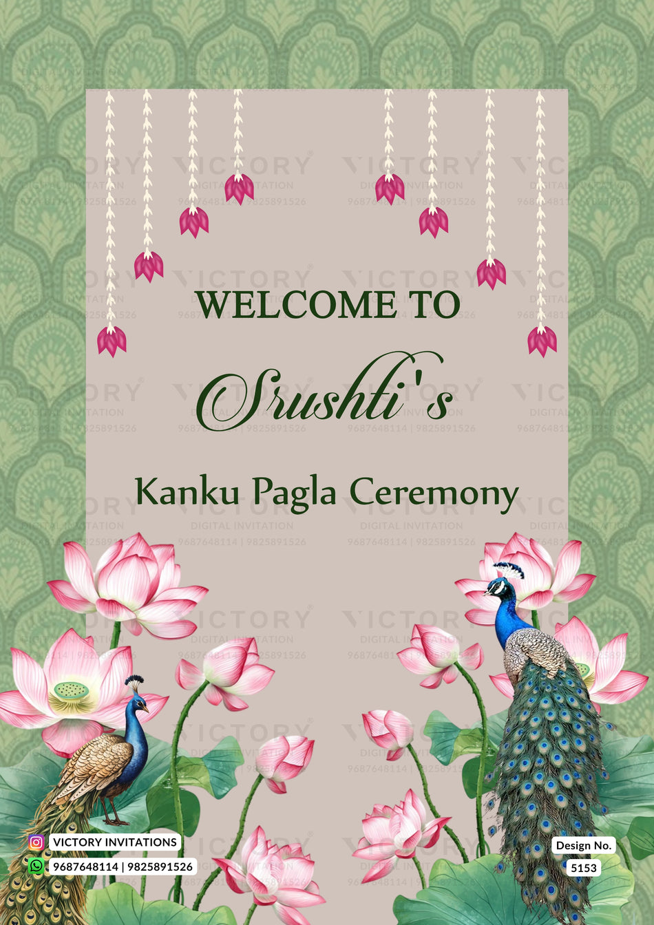 Kanku Pagla Welcome Standee design for Wedding in english language with peacock, lotus as floral theme design 5153