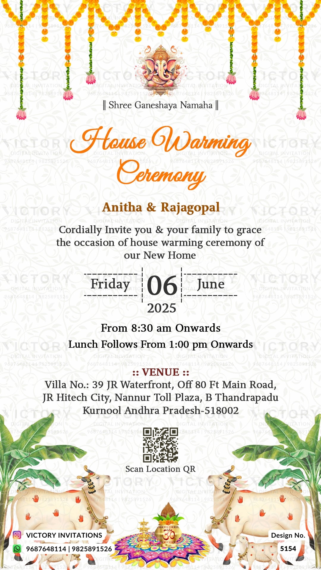 A festive house warming invitation card for Shree Ganeshaya Namah, featuring orange and yellow text, marigold garland decorations at the top, a central Shree Ganesh idol illustration, venue details, QR codes, and cartoon elephants at the bottom.