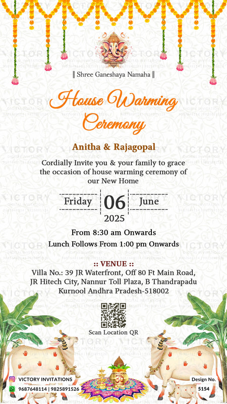 A festive house warming invitation card for Shree Ganeshaya Namah, featuring orange and yellow text, marigold garland decorations at the top, a central Shree Ganesh idol illustration, venue details, QR codes, and cartoon elephants at the bottom.