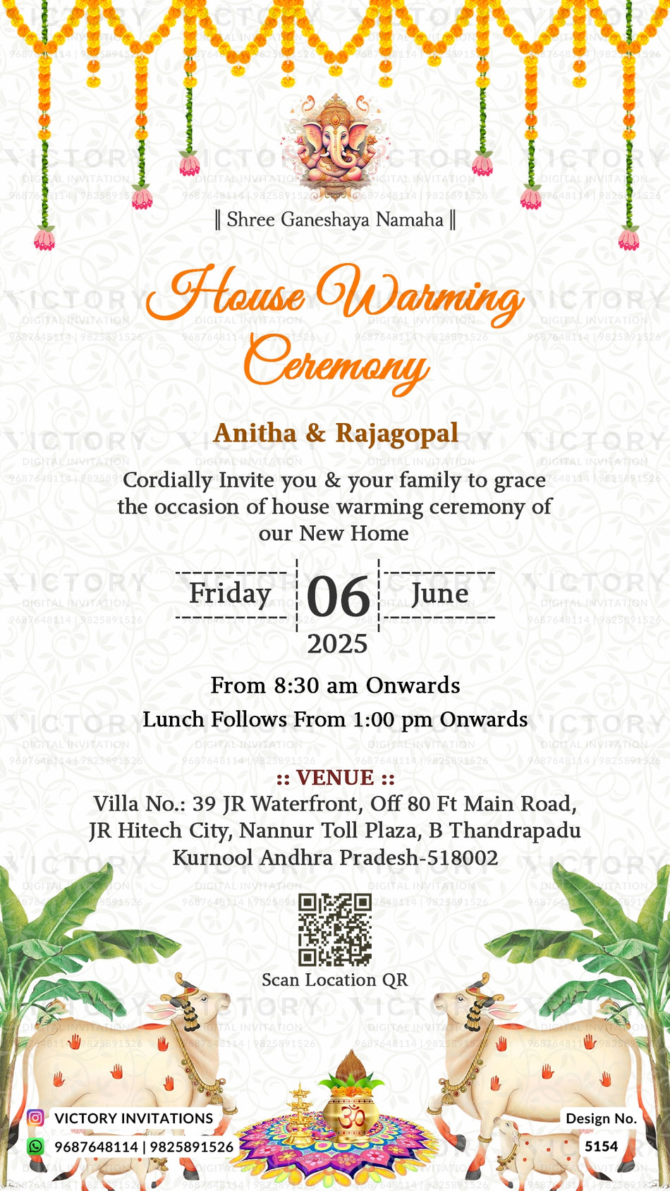 A festive house warming invitation card for Shree Ganeshaya Namah, featuring orange and yellow text, marigold garland decorations at the top, a central Shree Ganesh idol illustration, venue details, QR codes, and cartoon elephants at the bottom.