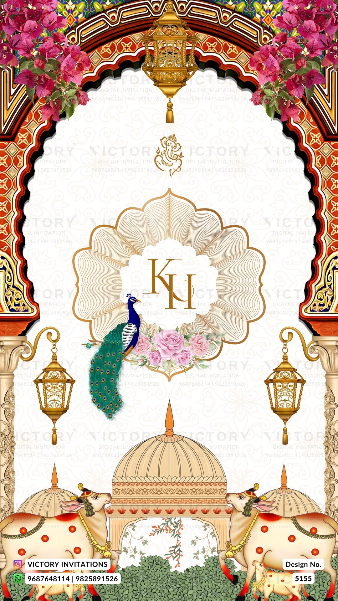 Indian wedding invitation card design featuring a white central panel framed by an ornate red and gold arch with pink flowers, a peacock, domes, and elephants. The center displays a scalloped cream motif with the initials 'KJ' in gold, overlaid with a faint 'VICTORY INVITATIONS' watermark.