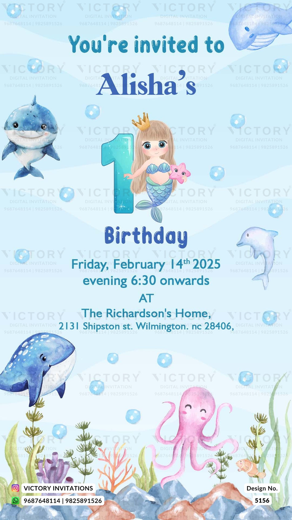 A children's first birthday invitation card with an underwater theme. The card features cartoon illustrations of a mermaid, dolphins, a blue whale, a pink octopus, and coral reef on a light blue watercolor background.