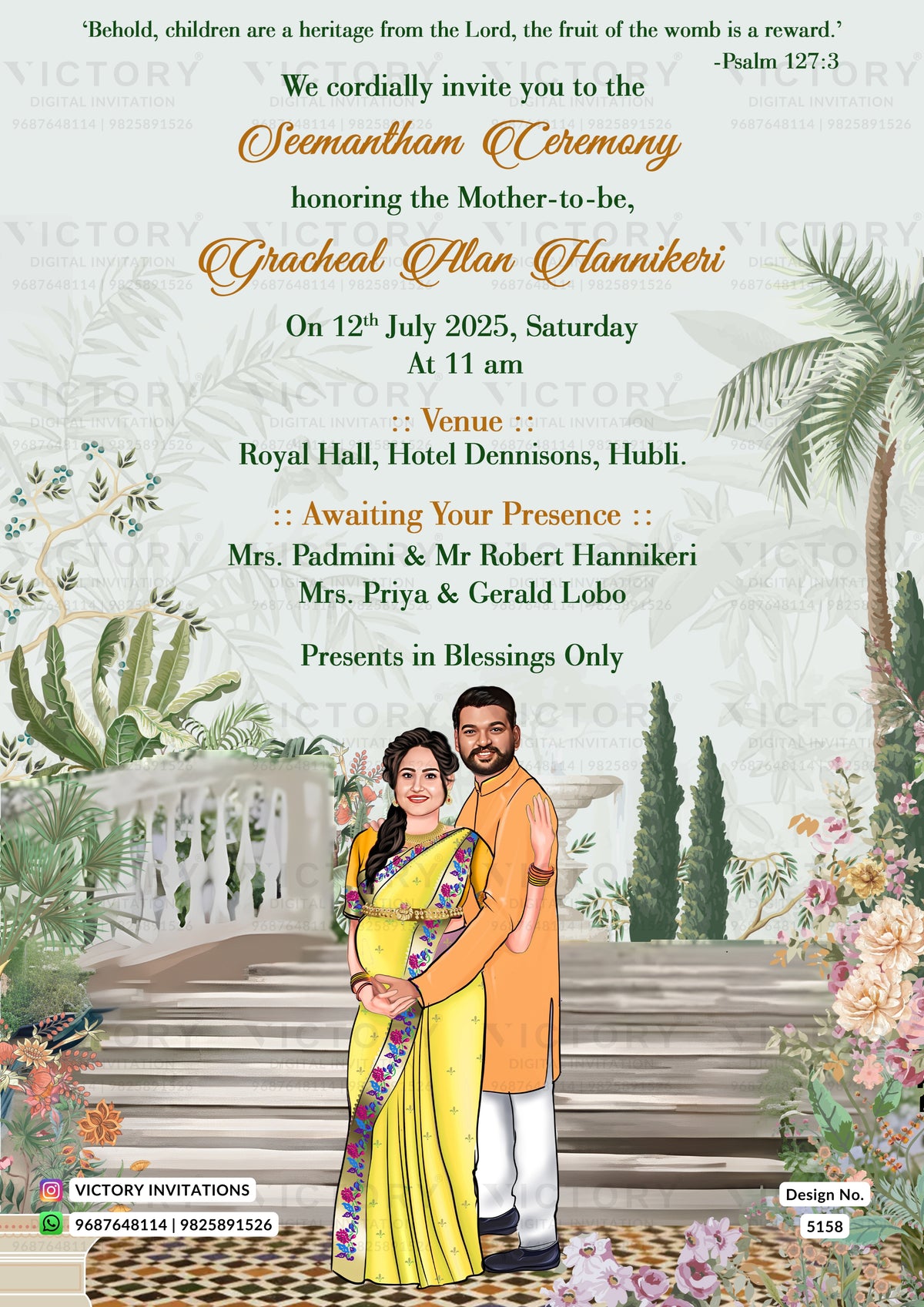 A digital invitation card for a Christian wedding ceremony, featuring a watercolor illustration of a pregnant couple in traditional attire, surrounded by tropical plants and flowers. The text details the wedding of Grachael Alan Hannikieri and Priya, scheduled for July 12, 2025, at 11 am at the Royal Hall, Hotel Dennison, Hubli.