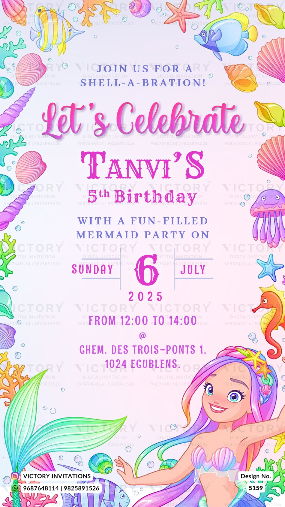 Birthday party invitation card for girl in english language with Under the Sea theme theme design 5159