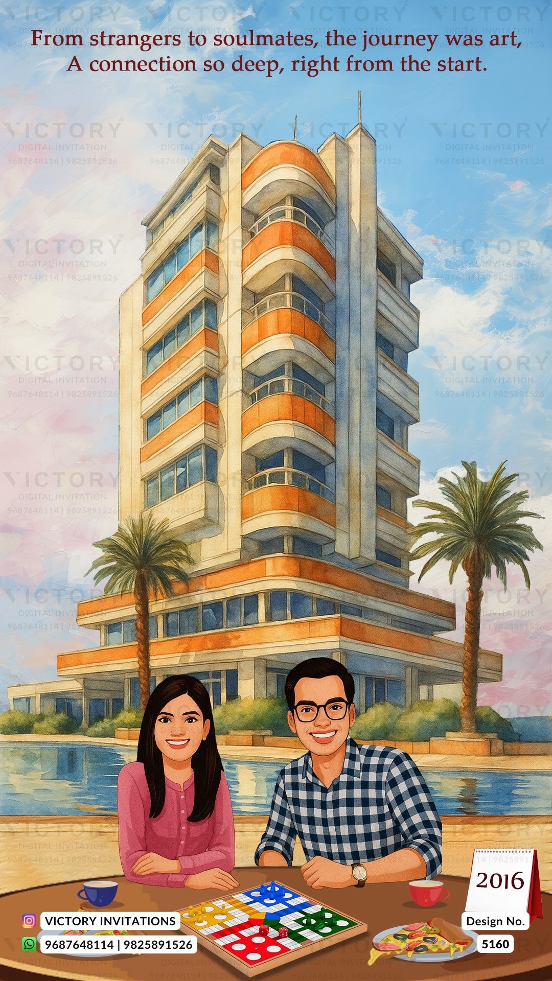 A custom wedding invitation card design featuring a colorful illustration of a modern high-rise building with palm trees, a couple sitting at a table with food and cards, and elegant text at the top.