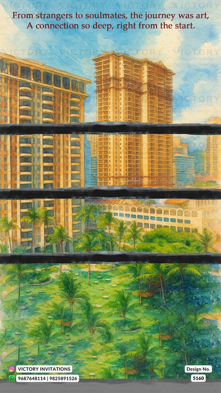 A square art print or invitation card featuring a watercolor-style illustration of a tropical cityscape with tall beige buildings, palm trees, and a green park below, overlaid with dark horizontal bars. Text at the top reads, 'From strangers to soulmates, the journey was art, A connection so deep, right from the start.