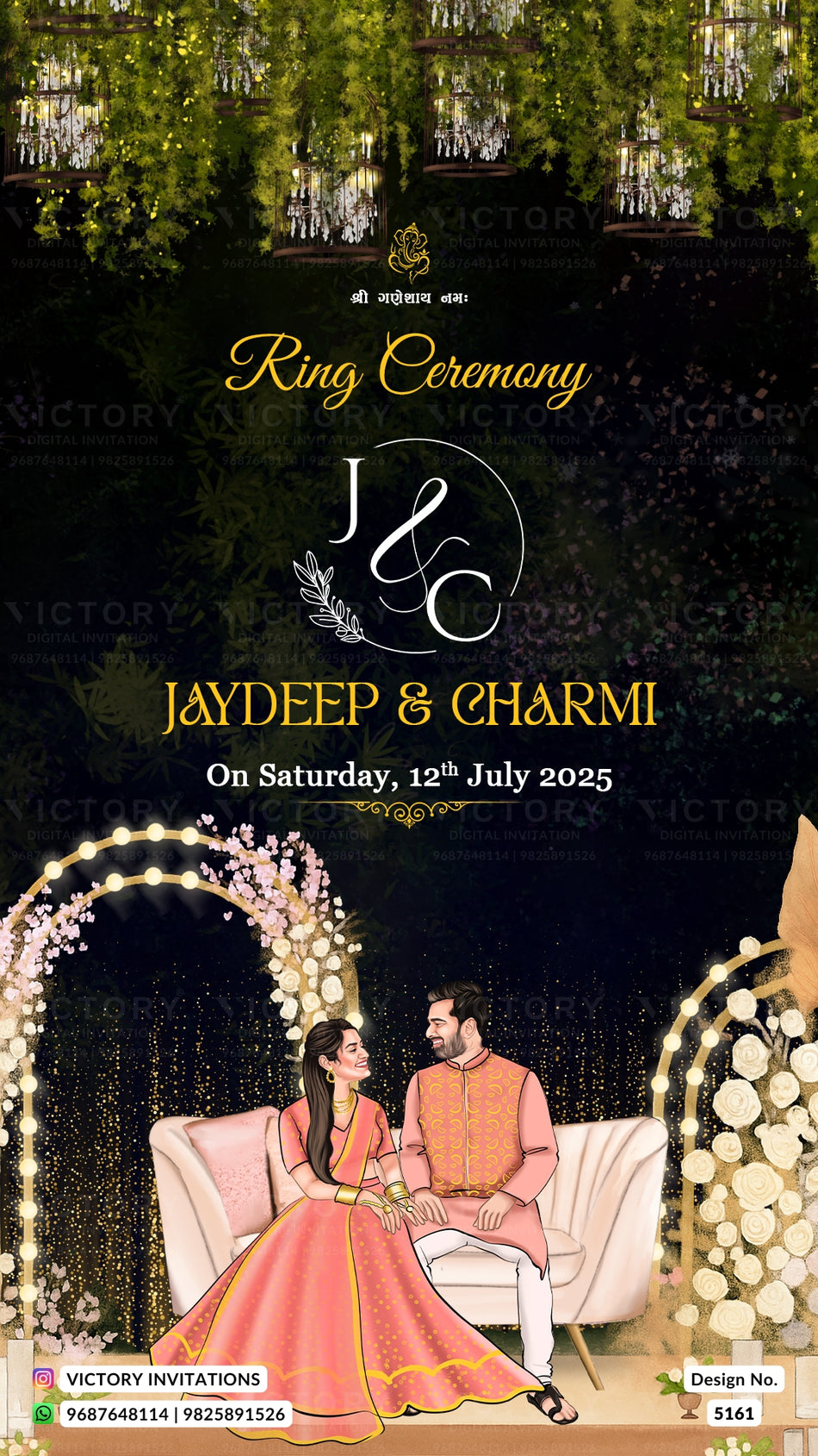A digital invitation card for a Ring Ceremony featuring a dark forest background with hanging greenery and chandeliers, gold text reading 'Ring Ceremony' and 'Jaydeep & Charmi', an illustration of a couple seated on a white sofa in traditional Indian attire, and Victory Invitations branding at the bottom.
