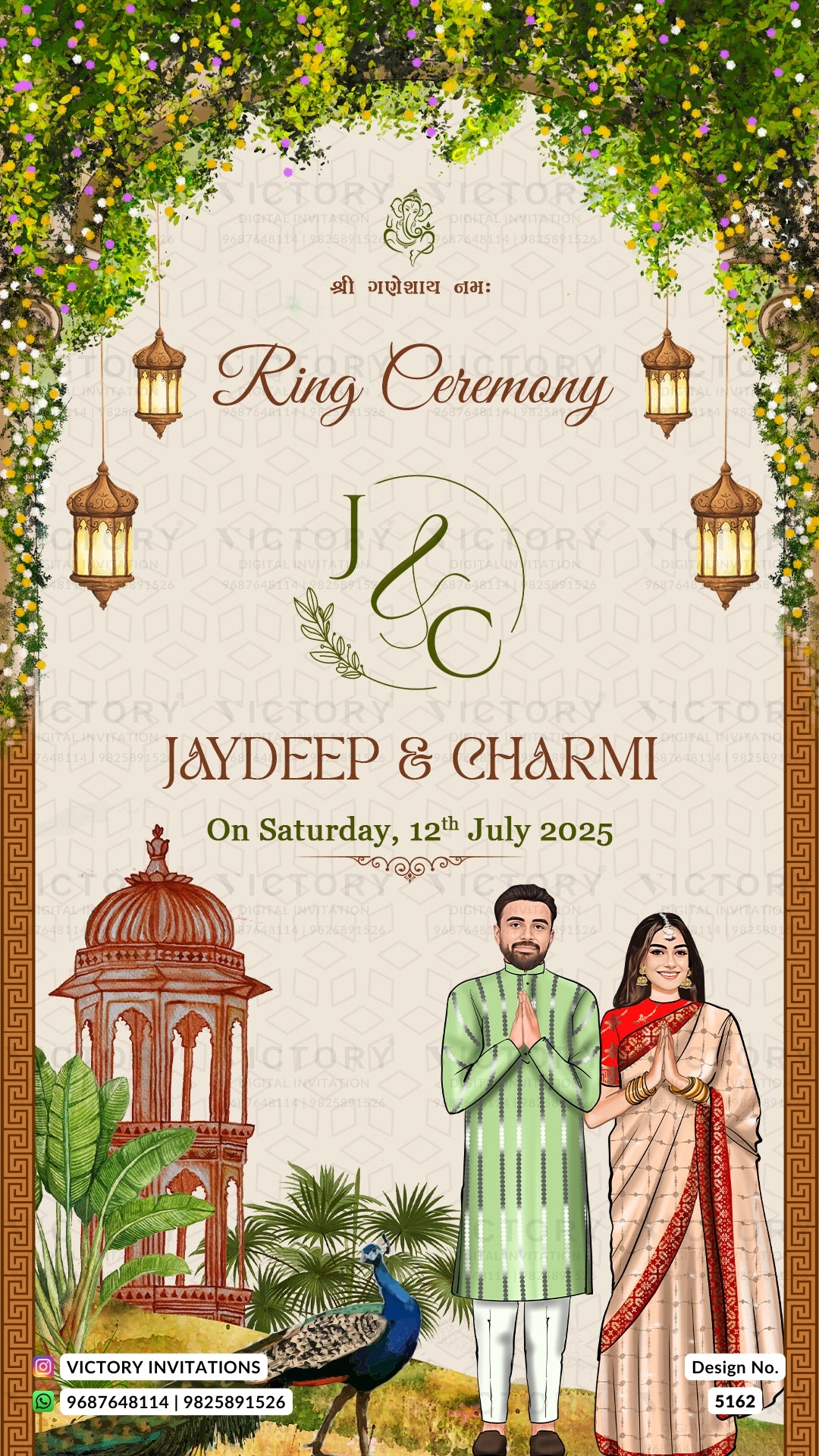 A decorative ring ceremony invitation card featuring a cream background, green leafy arch at the top, hanging lanterns, and illustrated traditional Indian figures, a peacock, and a pavilion. Text reads 'Ring Ceremony', 'Jaydeep & Charmi', and the date 'Saturday, 12th July 2025'.