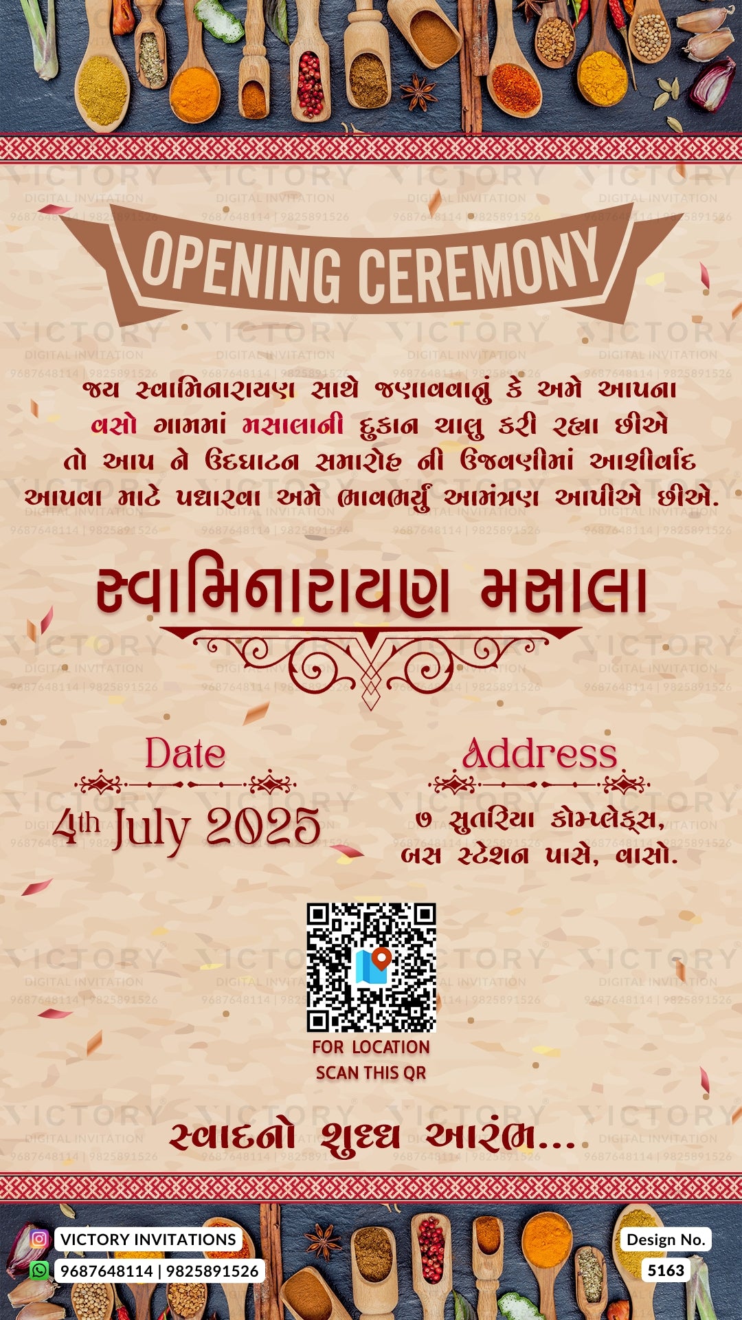 A decorative event invitation card for a Hindu wedding ceremony, titled 'Opening Ceremony' in English and Devanagari script. The design has a warm beige parchment background with red and brown ornamental text, illustrated spices at the top and bottom, and a QR code in the center.
