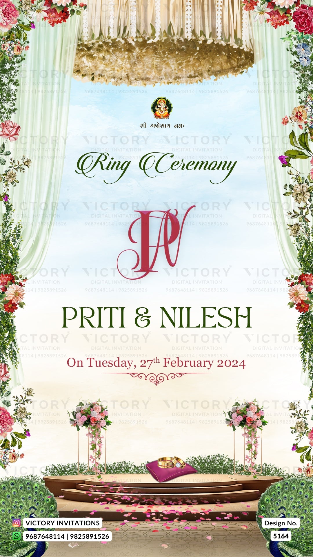 A wedding invitation card design for 'King Ceremony' featuring a decorative floral border, hanging gold tassels, a chandelier, and a stage with flowers. The text reads 'Priti & Nilesh' and 'On Tuesday, 27th February 2024'.
