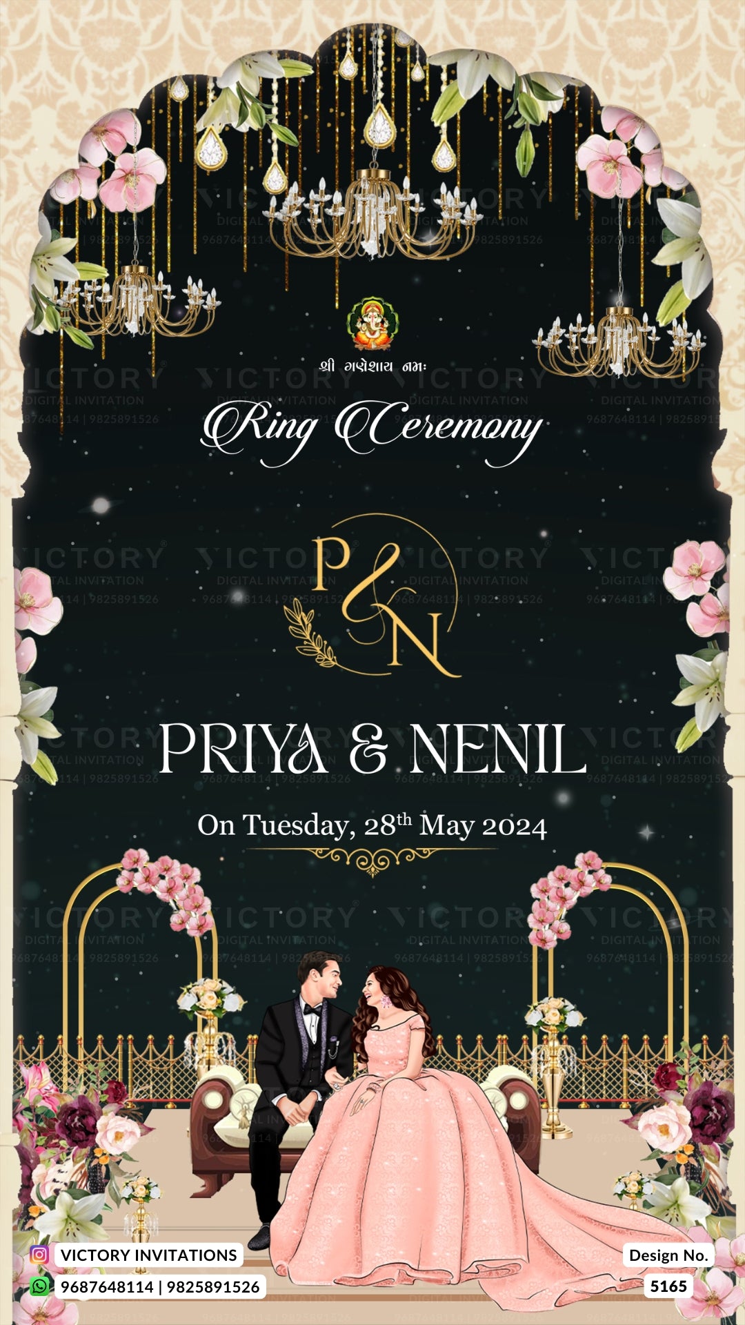 A digital preview of a custom ring ceremony invitation card featuring a black background with gold chandeliers, pink roses, and a couple in formal wear under gold arches.