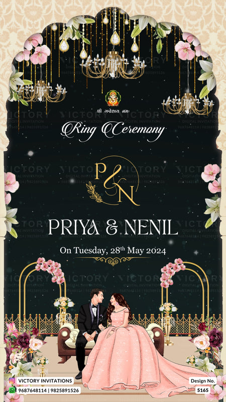 A digital preview of a custom ring ceremony invitation card featuring a black background with gold chandeliers, pink roses, and a couple in formal wear under gold arches.