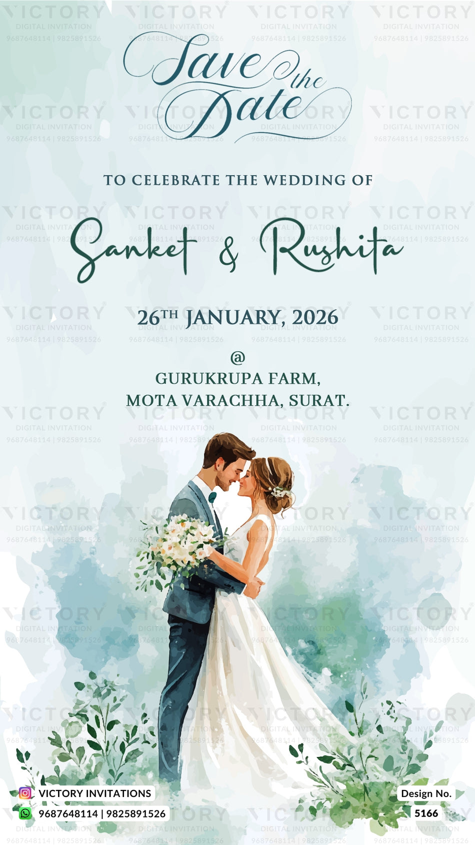 A wedding save-the-date card design featuring a watercolor illustration of a bride in a white gown and groom in a navy suit embracing, with elegant script text reading 'Save the Date' and wedding details for Sanket & Rushita.