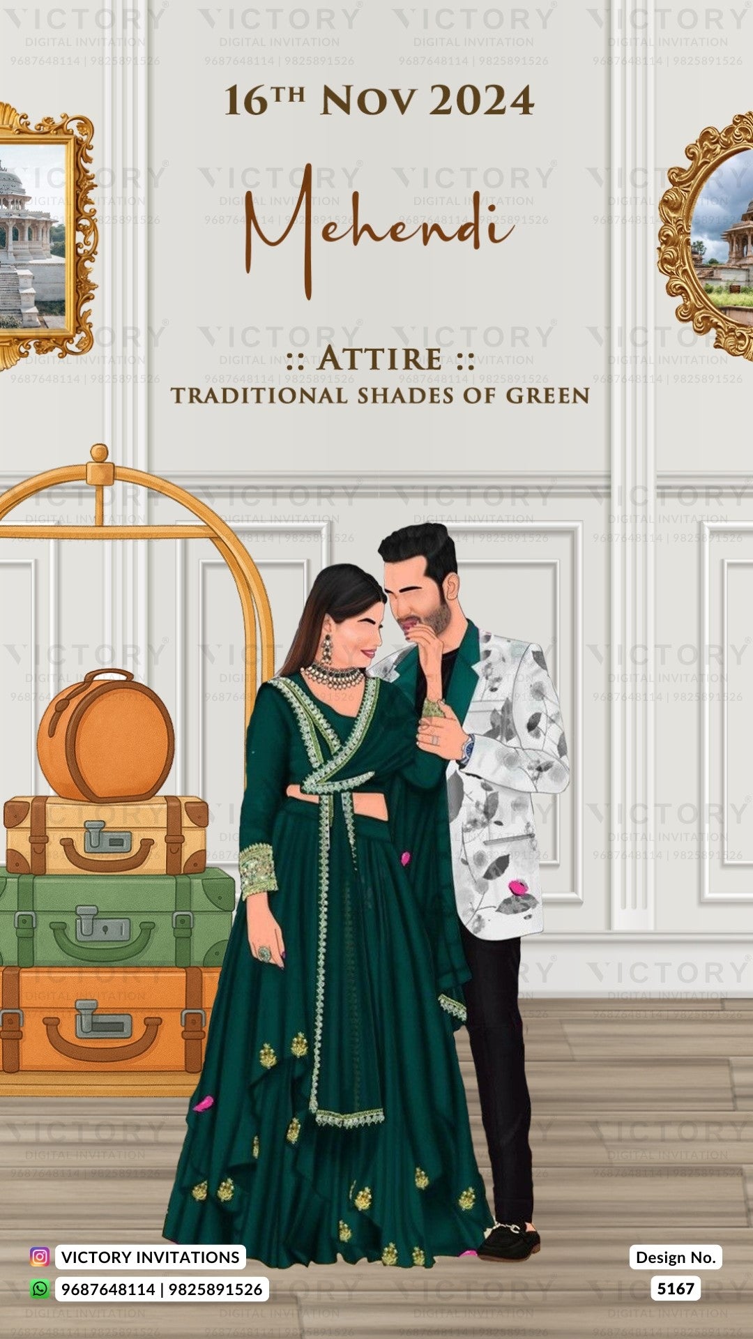 Promotional poster for a Mehendi event on 16th Nov 2024 with a couple in traditional attire against a decorative wall.