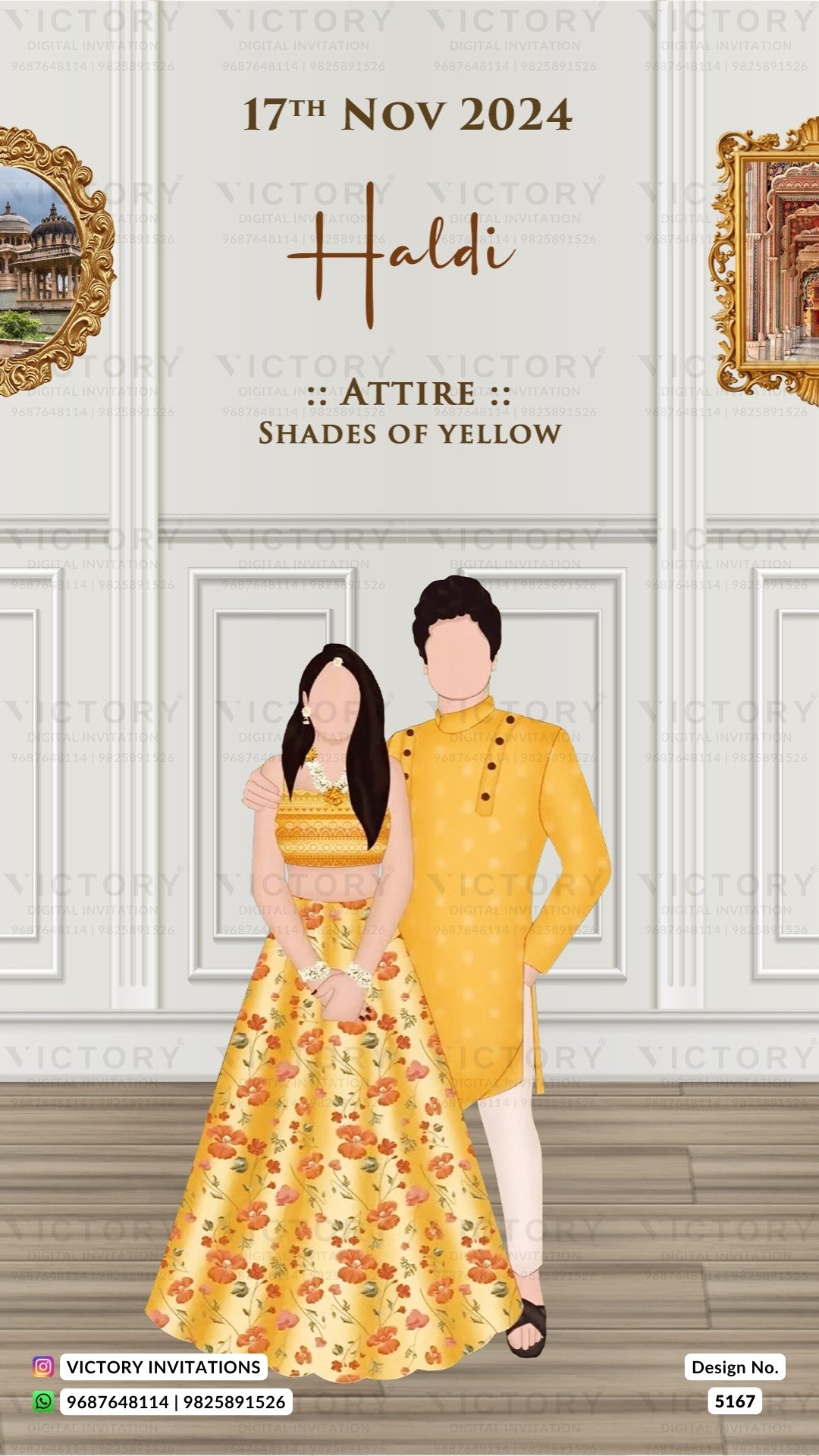 A wedding invitation card design featuring a couple in traditional Indian attire. The woman wears a yellow floral lehenga and crop top, and the man wears a yellow kurta with white trousers.