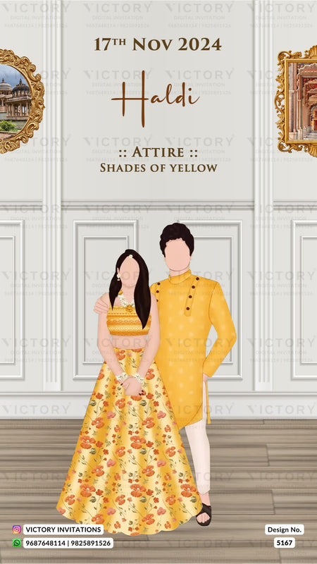 A wedding invitation card design featuring a couple in traditional Indian attire. The woman wears a yellow floral lehenga and crop top, and the man wears a yellow kurta with white trousers.