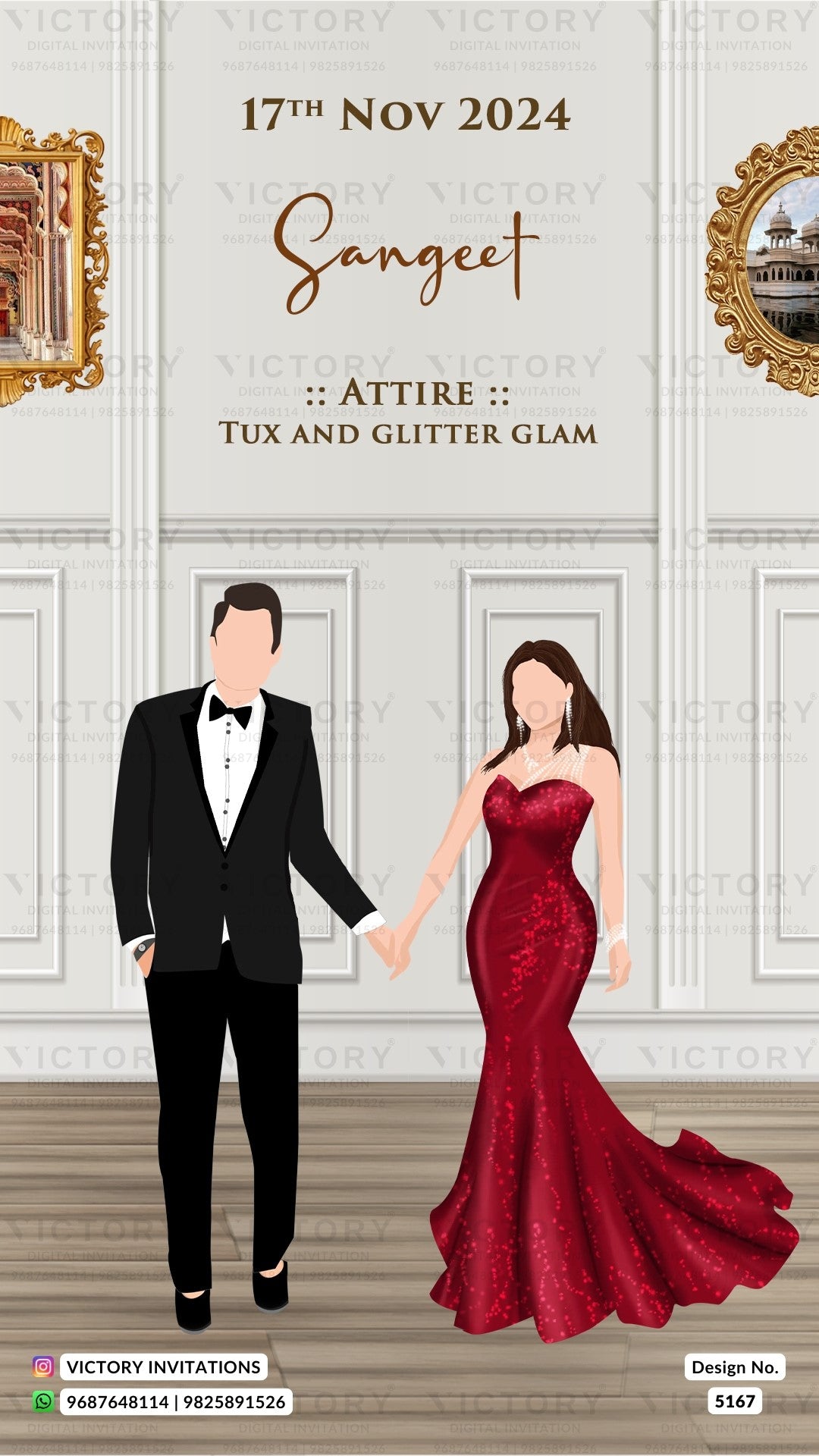 Illustration of a couple in formal attire with event details on a decorative background