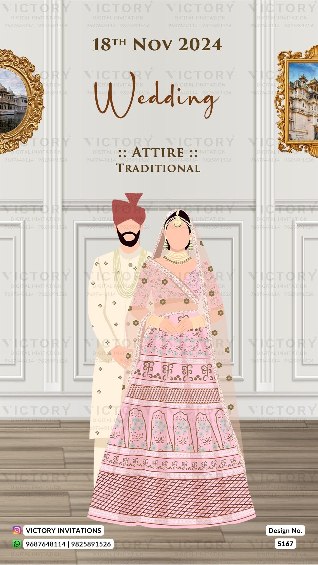 A wedding invitation card design featuring an illustration of a traditional Indian couple. The bride wears a pink and gold heavily embroidered lehenga, and the groom is in a cream sherwani with a maroon turban.