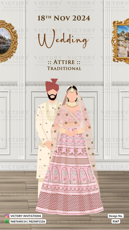 A wedding invitation card design featuring an illustration of a traditional Indian couple. The bride wears a pink and gold heavily embroidered lehenga, and the groom is in a cream sherwani with a maroon turban.