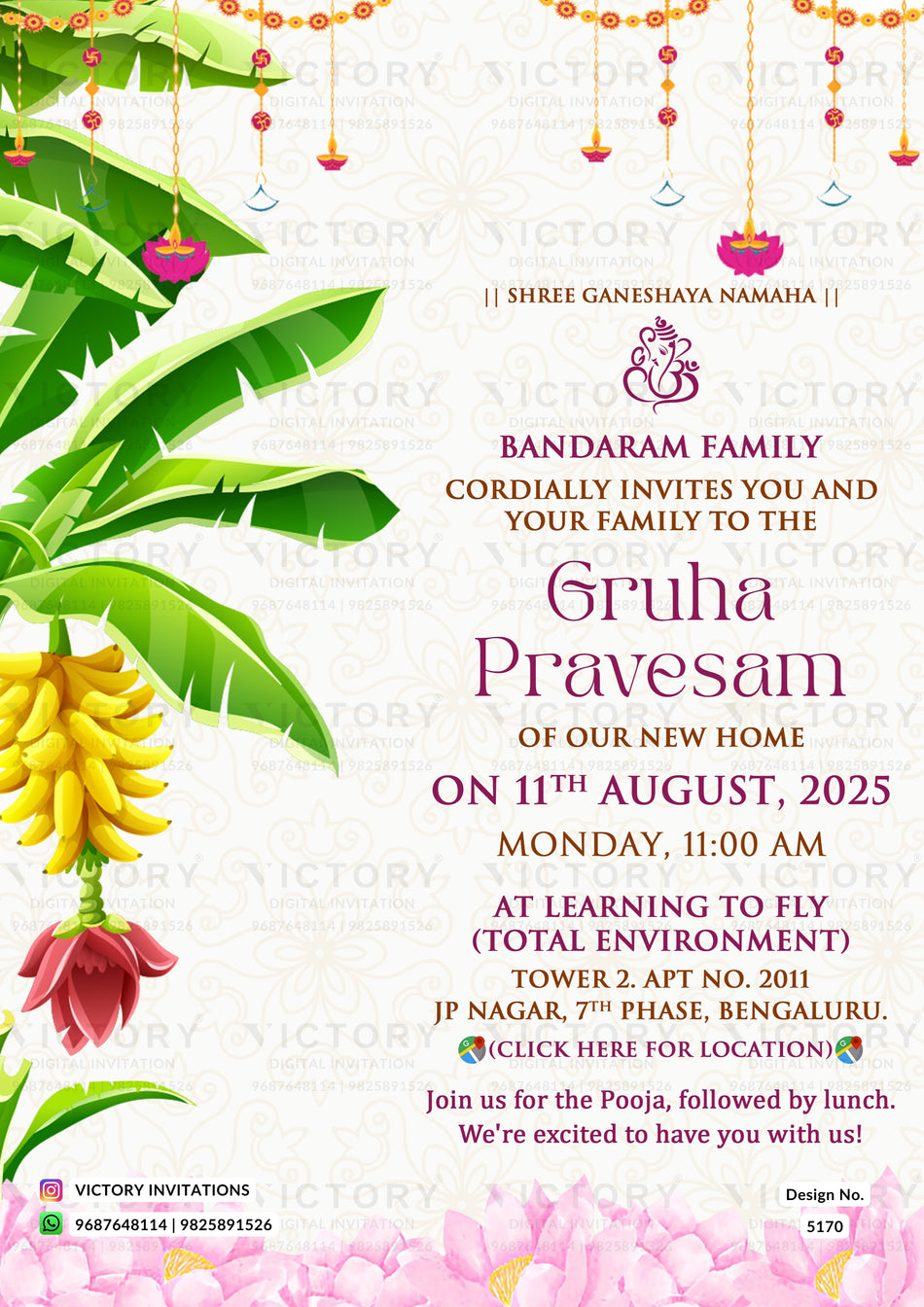 gruh pravesh ceremony invitation card in english language with floral theme design 5170