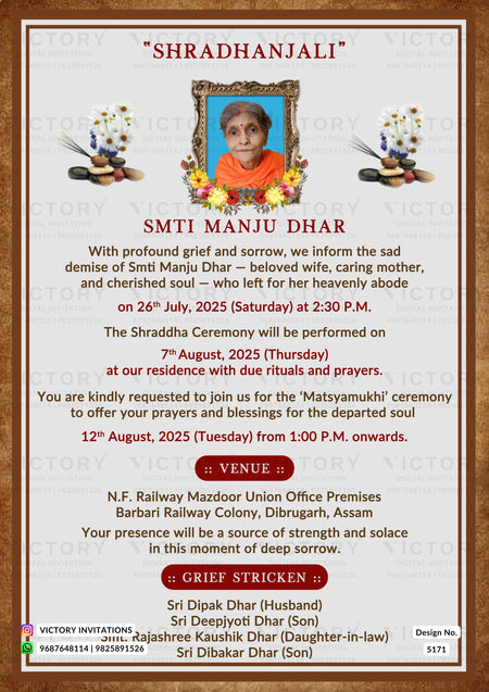 A digital template for an Indian Shradhanjali (memorial) card for Smti Manju Dhar, featuring a brown wood-grain border, red and black text, and a central portrait of a woman in an orange sari framed by floral illustrations.