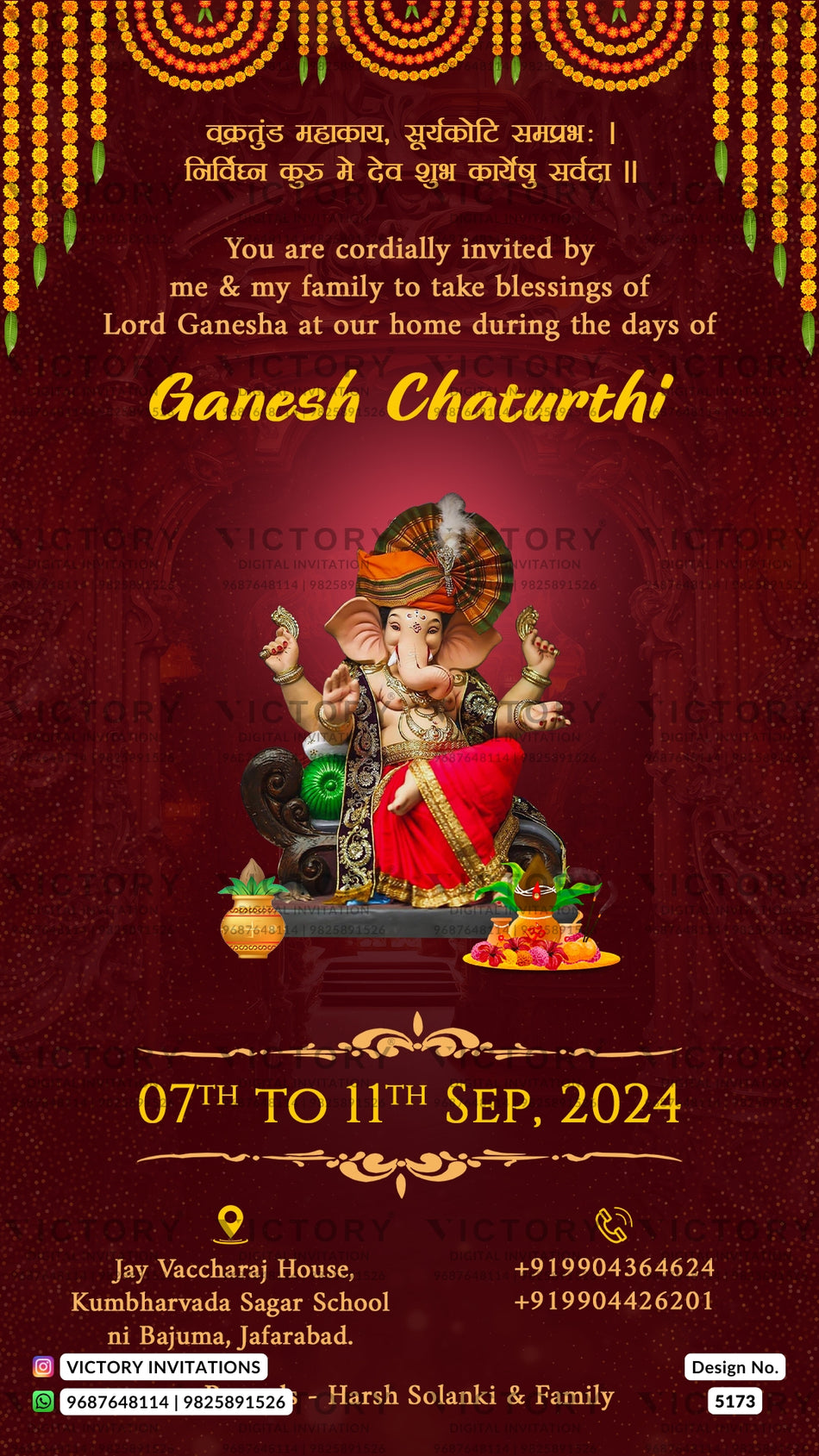 Ganesh Aagman Ceremony invitation card in english language with marigold flowers as Traditional theme design 5173