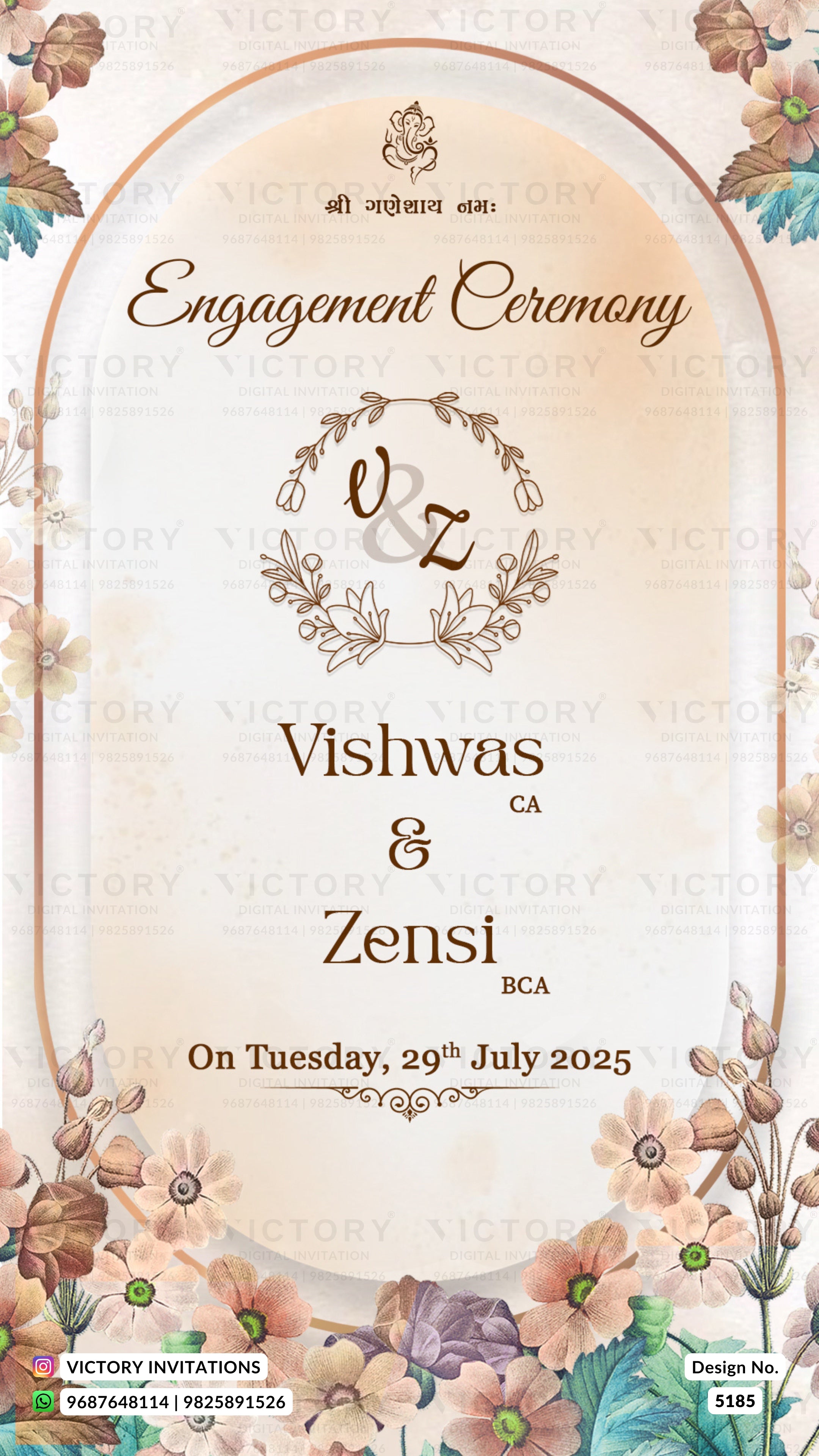 Engagement ceremony invitation card with floral border illustrations, featuring the text 'Engagement Ceremony' and names 'Vishwas & Zensi' with wedding date details.