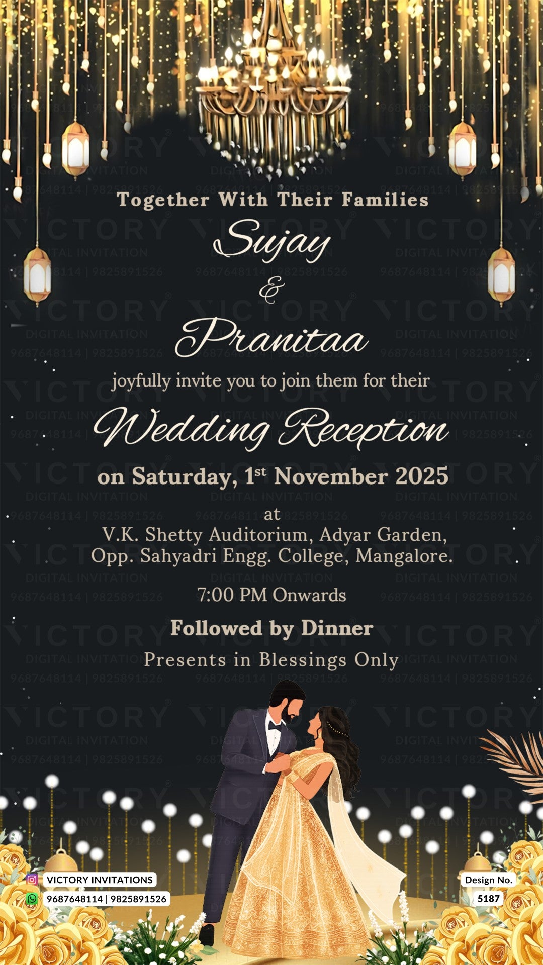 A wedding reception invitation card with a dark black background, elegant white and gold typography, hanging chandeliers and lantern illustrations, and a romantic couple embracing at the bottom.