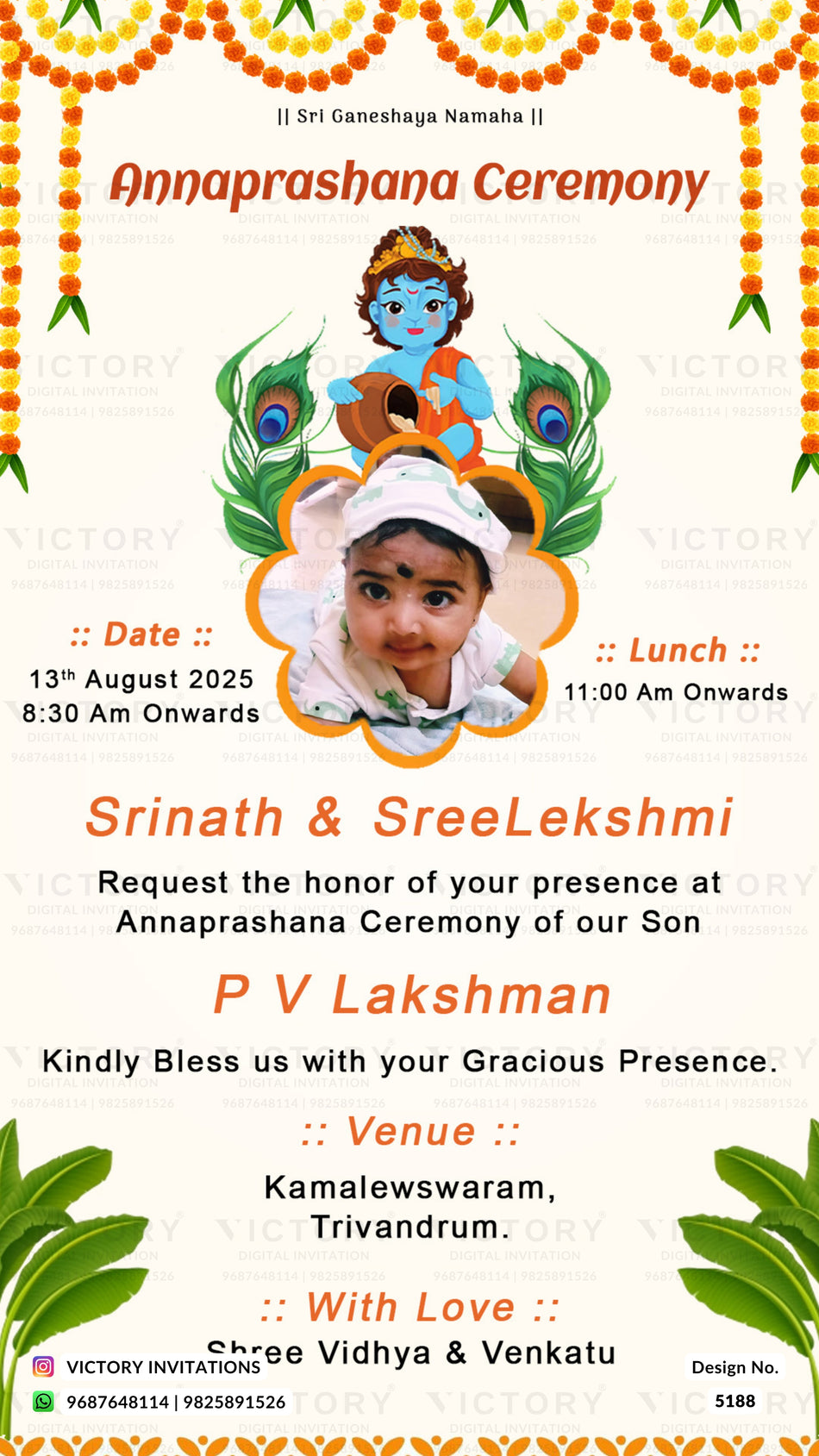 Annaprashan ceremony invitation card in english language with baby photo as Traditional theme design 5188