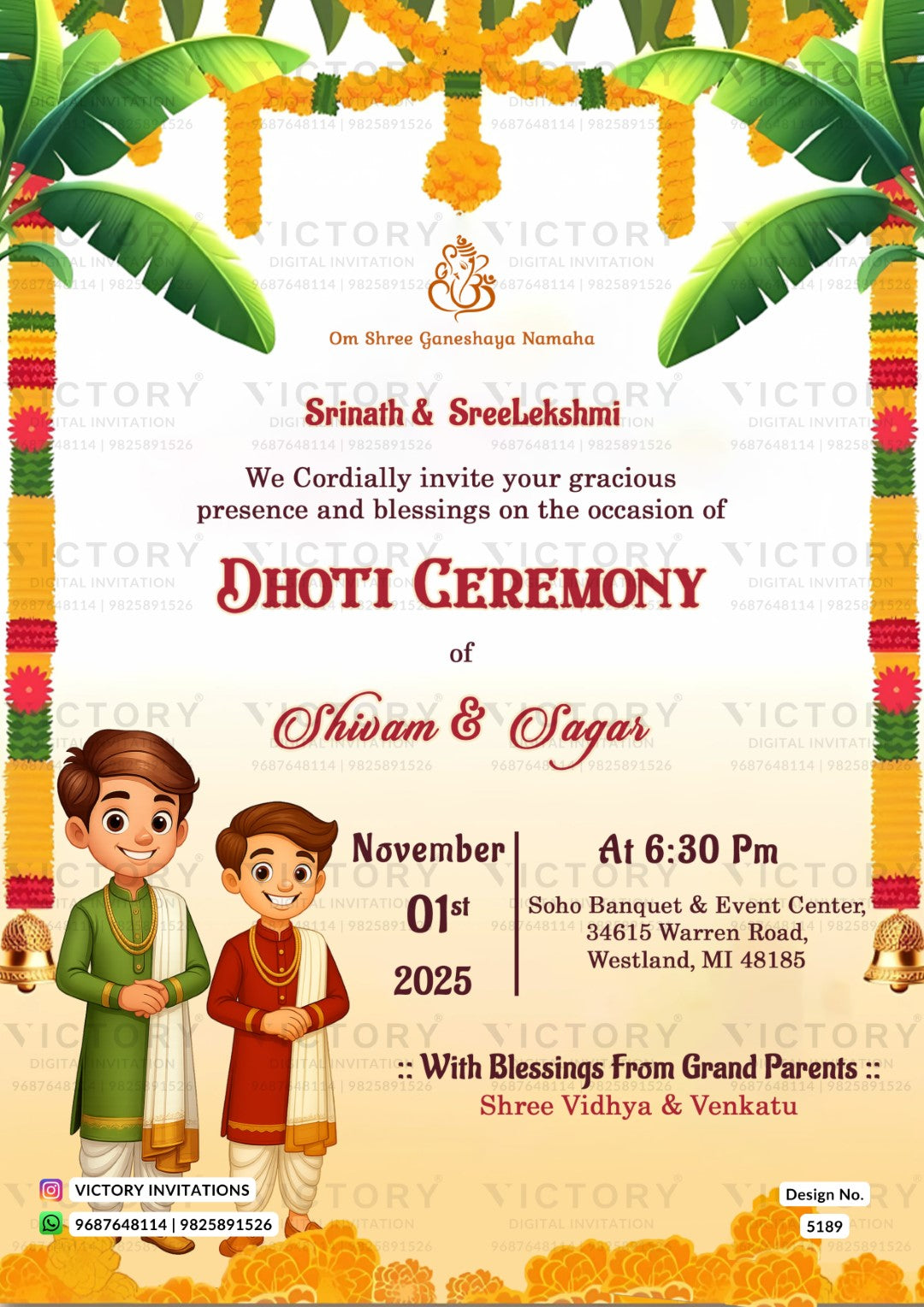 A festive Dhoti Ceremony invitation card with a cream background, decorated with green banana leaves, orange marigold garlands, and colorful vertical floral borders. The text announces Shrimath & Sreelekshmi and Shiodam & Sagar, with event details for November 01, 2025 at 6:30 PM.