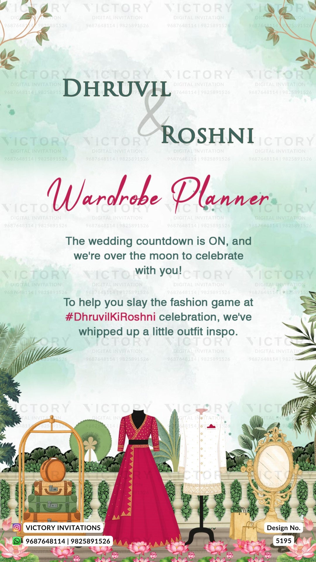 Wardrobe planner for Dhruvil & Roshni with outfit inspiration and decorative elements.