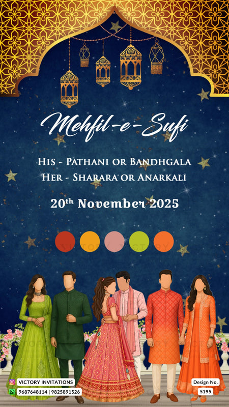 A festive Mehfil-e-Sufi event invitation card with an ornate gold arch and lanterns against a dark blue starry background. White text reads 'Mehfil-e-Sufi' and event details for 20th November 2025.