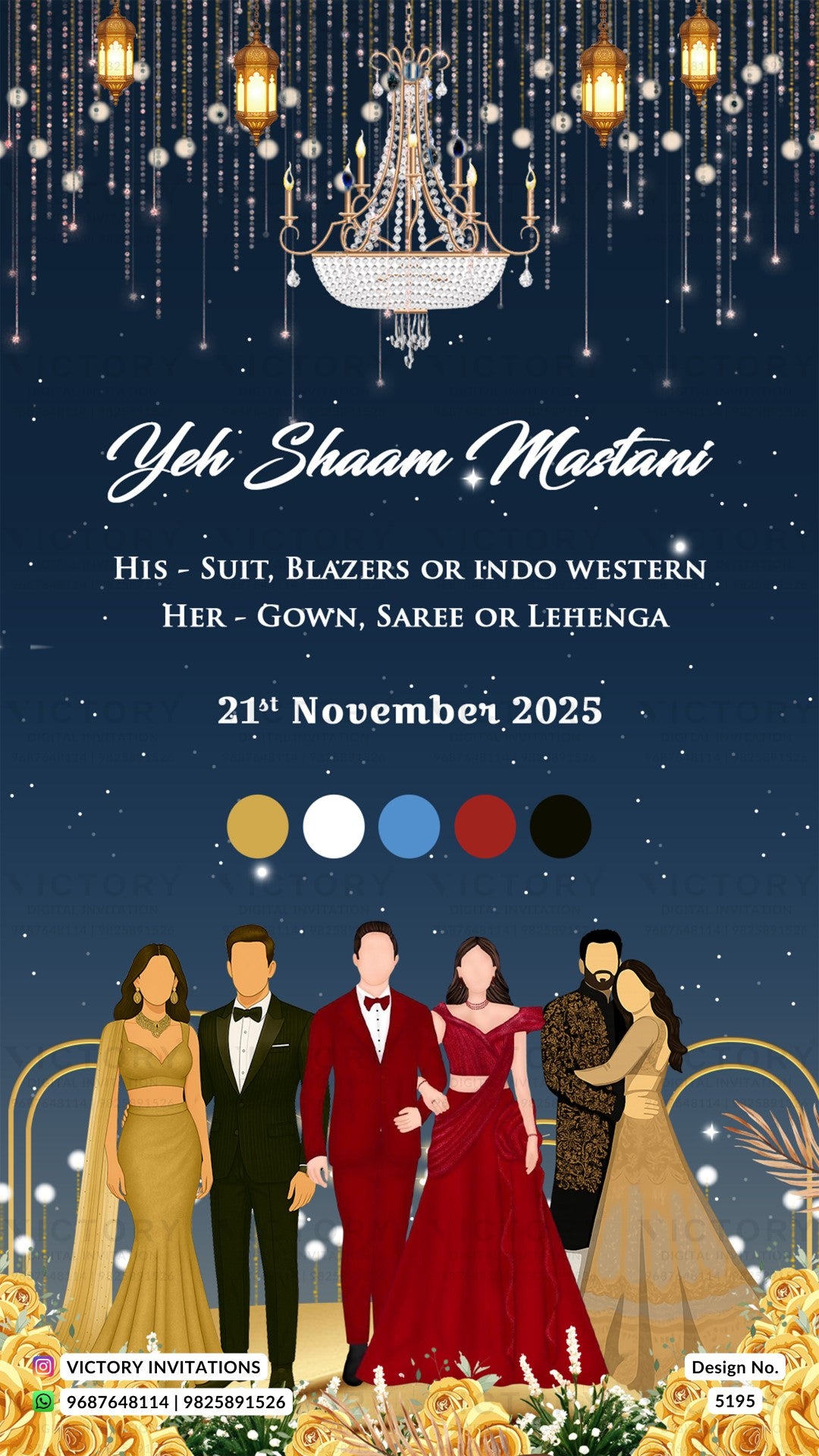 A digital wedding invitation template featuring a navy blue starry night sky background with a large chandelier at the top. The text reads 'Yeh Shaam Mastani' and provides event details for '21th November 2023' with color swatches below.