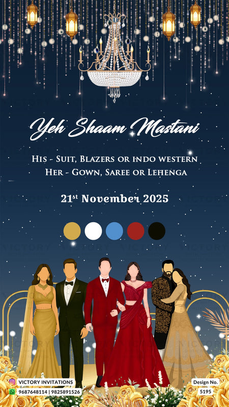 A digital wedding invitation template featuring a navy blue starry night sky background with a large chandelier at the top. The text reads 'Yeh Shaam Mastani' and provides event details for '21th November 2023' with color swatches below.