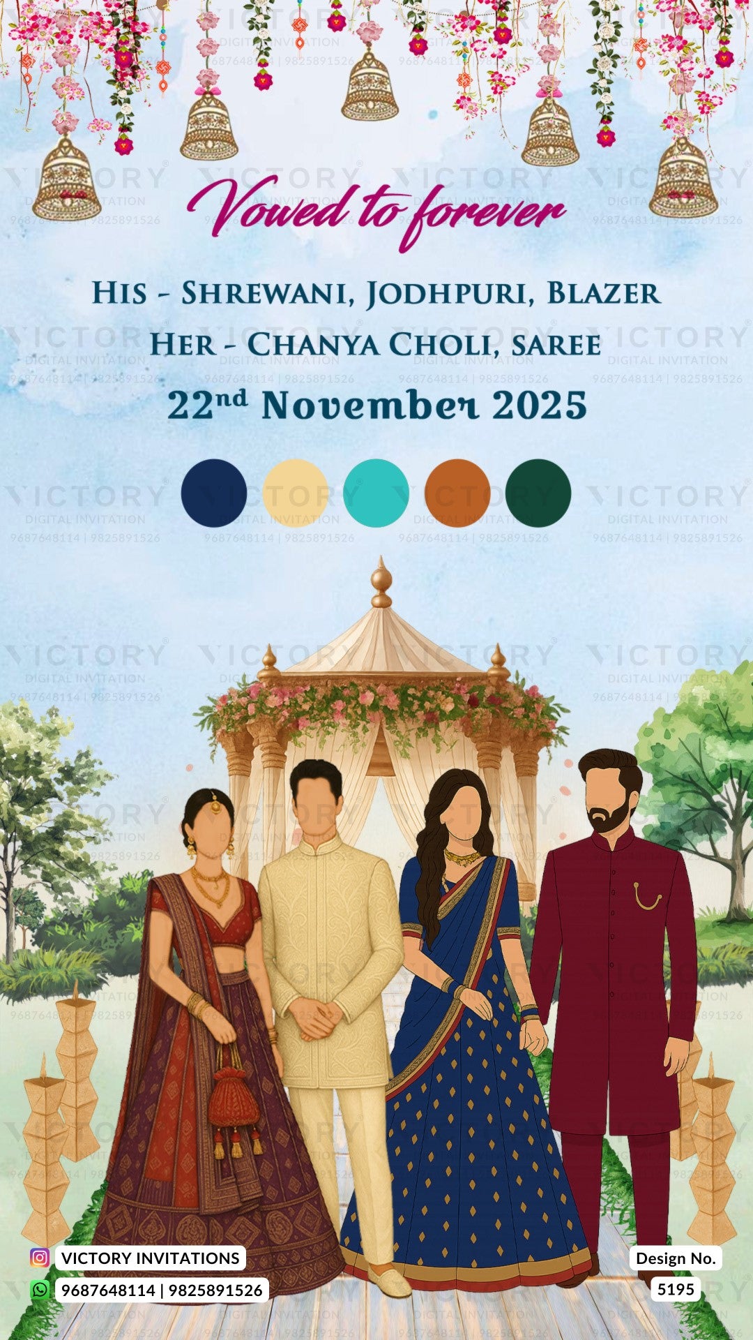 A digital Indian wedding invitation card design featuring a traditional mandapa, illustrated bride and groom, and text reading 'Vowed to forever' with names and date '22nd November 2025'.
