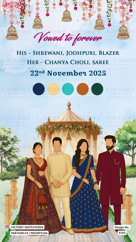 A digital Indian wedding invitation card design featuring a traditional mandapa, illustrated bride and groom, and text reading 'Vowed to forever' with names and date '22nd November 2025'.