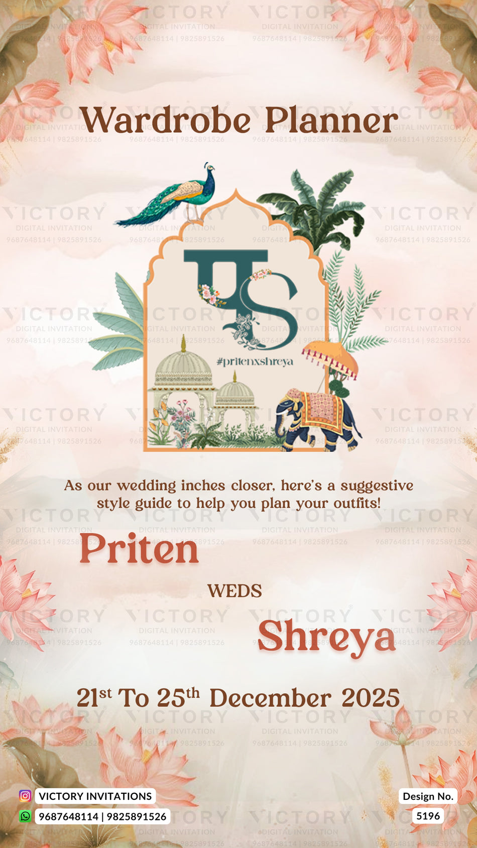 Wardrobe planner invitation card in english language with couple logo, flowers as floral theme design 5196