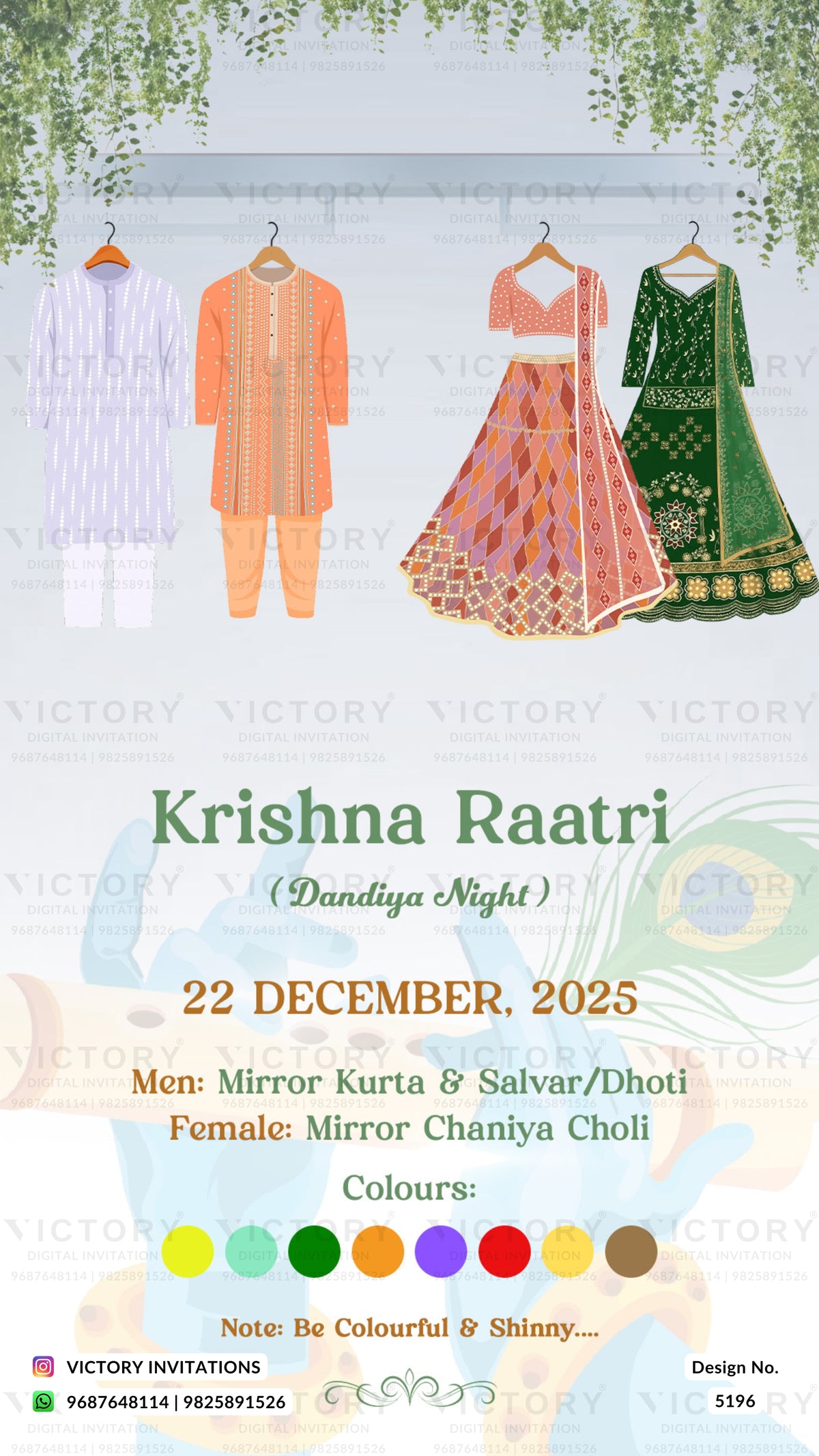 Invitation card for Krishna Raatri event with traditional attire and color options.