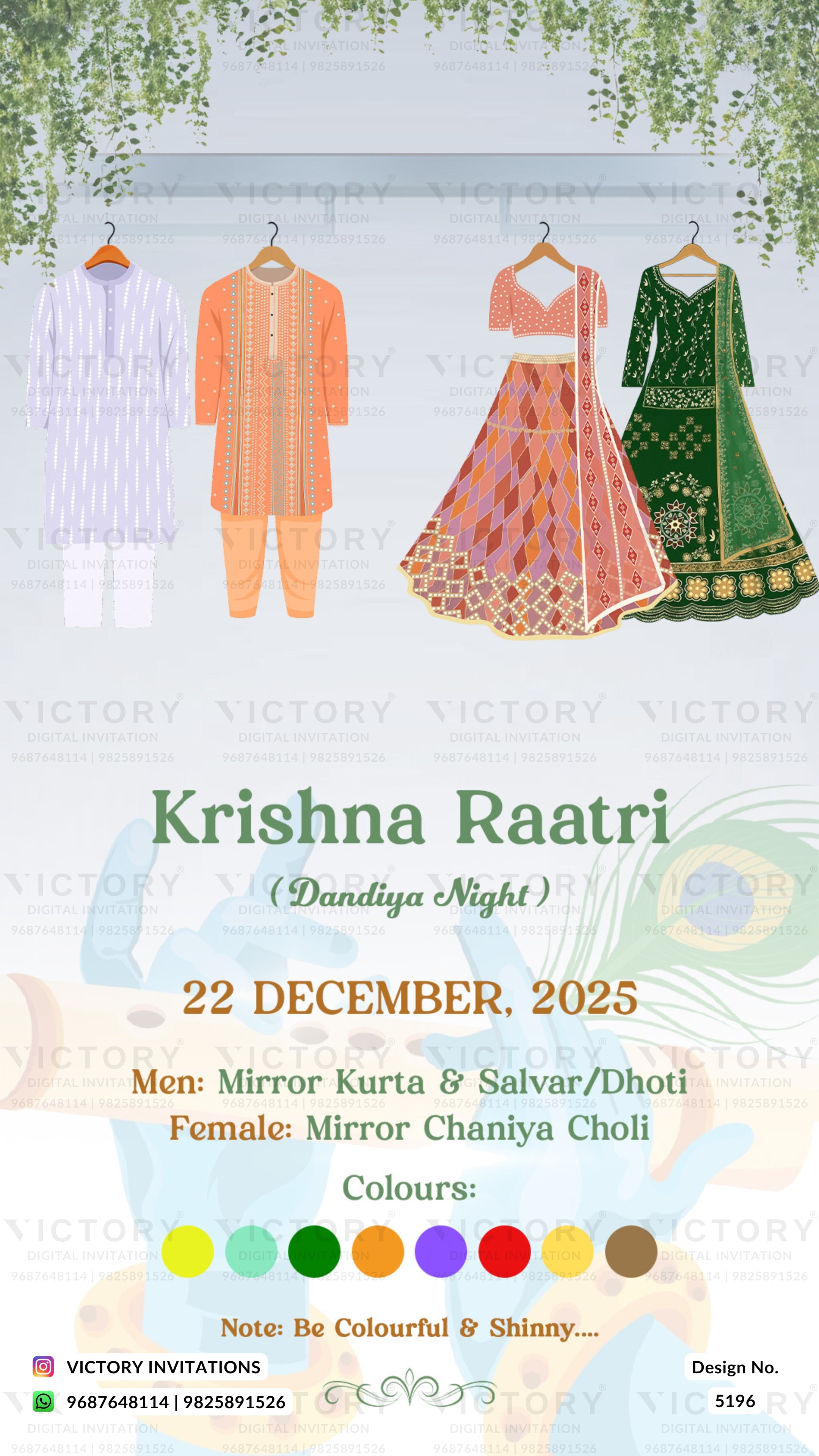 Invitation card for Krishna Raatri event with traditional attire and color options.
