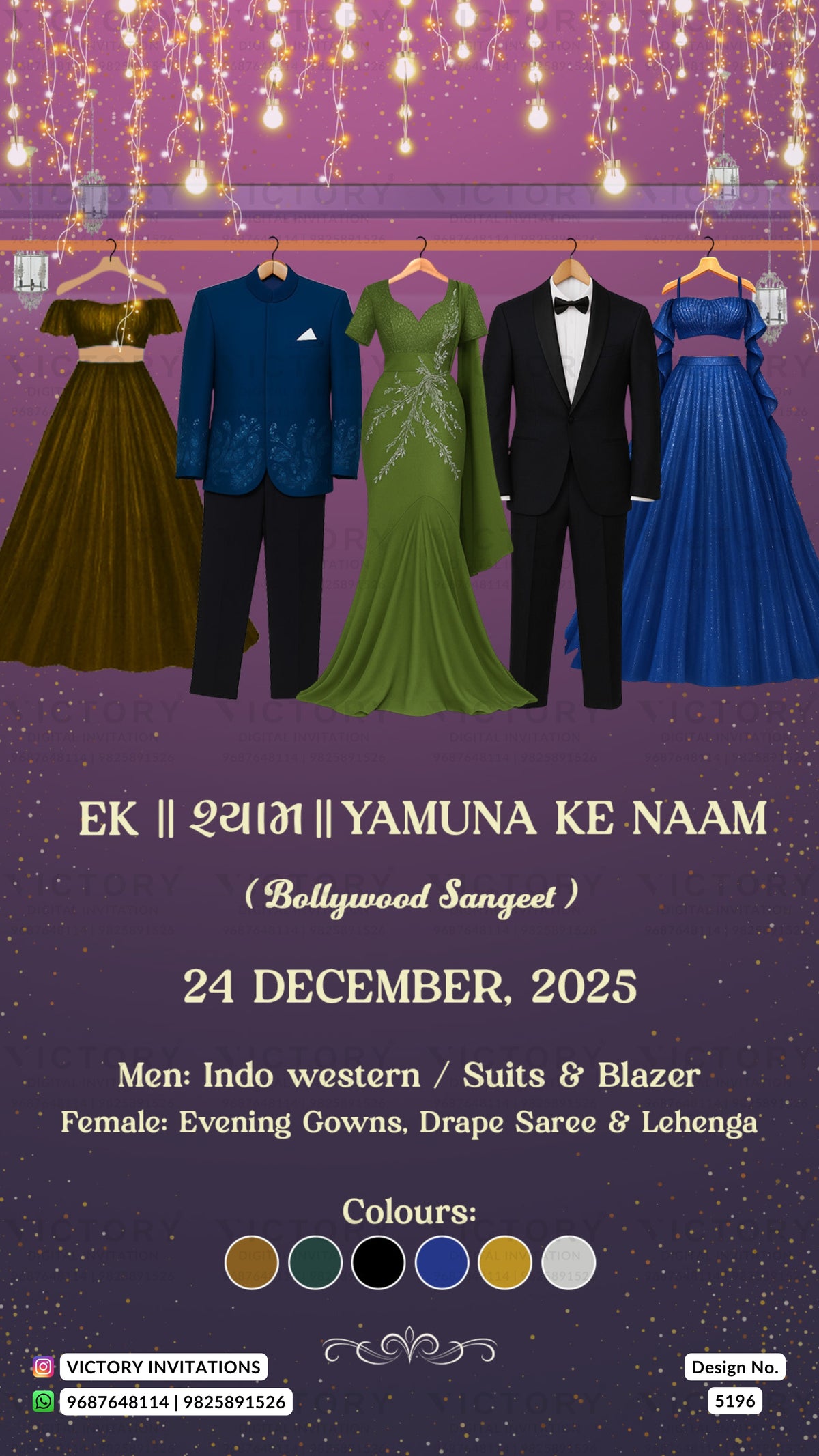 Promotional poster for a Bollywood-themed event with formal attire and purple background.