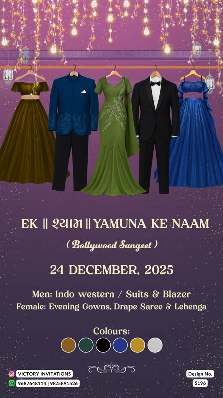 Promotional poster for a Bollywood-themed event with formal attire and purple background.