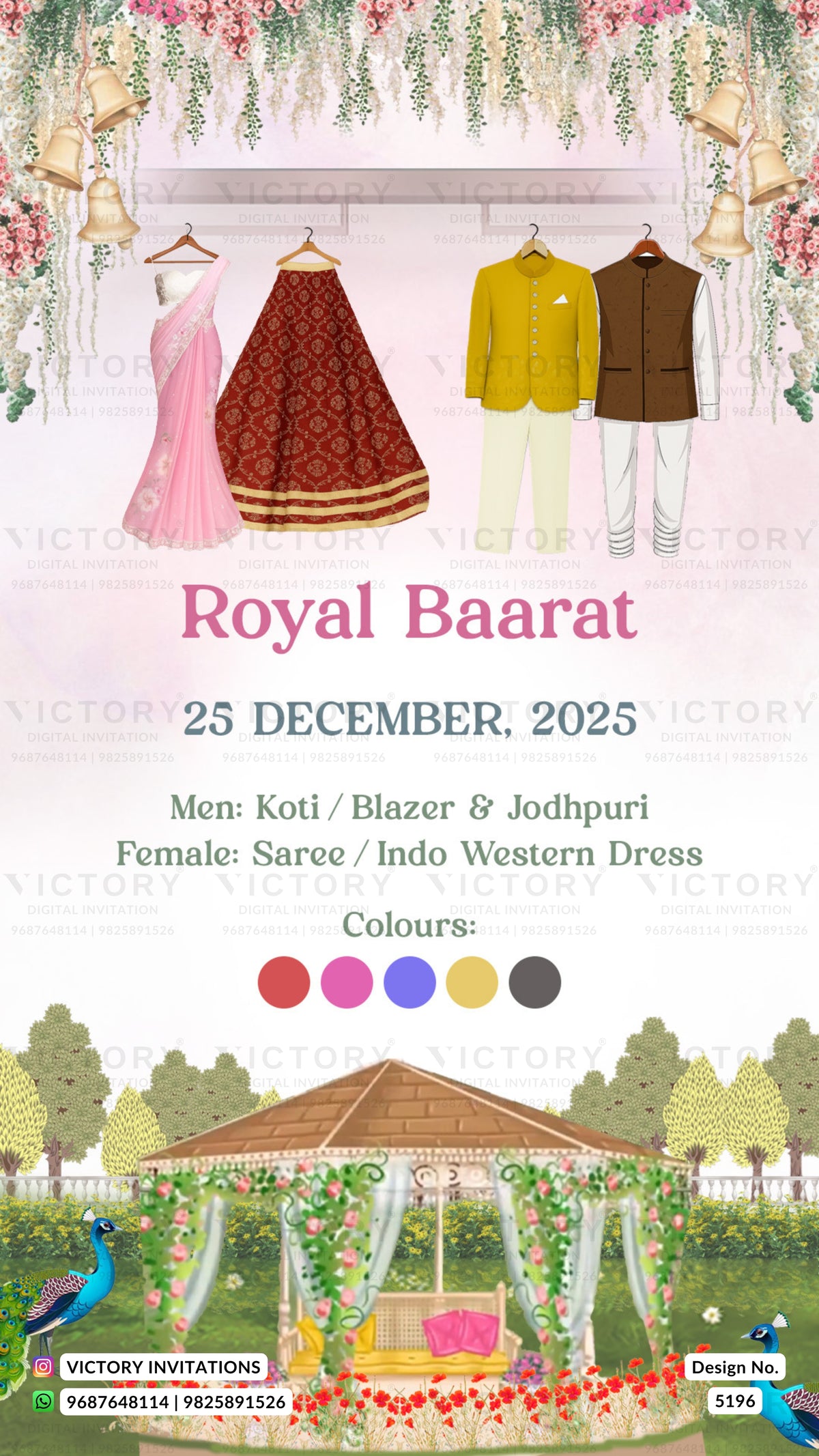 Invitation card for a Royal Baarat event with traditional attire and garden setting.
