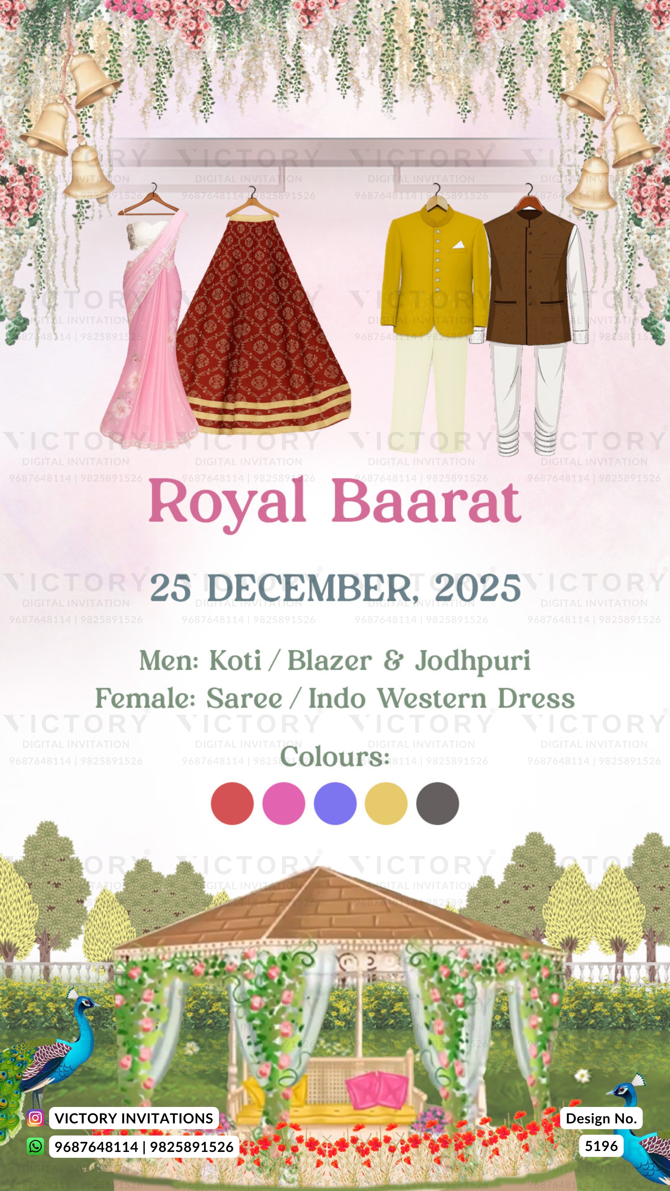 Invitation card for a Royal Baarat event with traditional attire and garden setting.