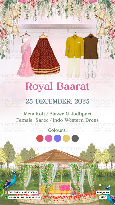 Invitation card for a Royal Baarat event with traditional attire and garden setting.