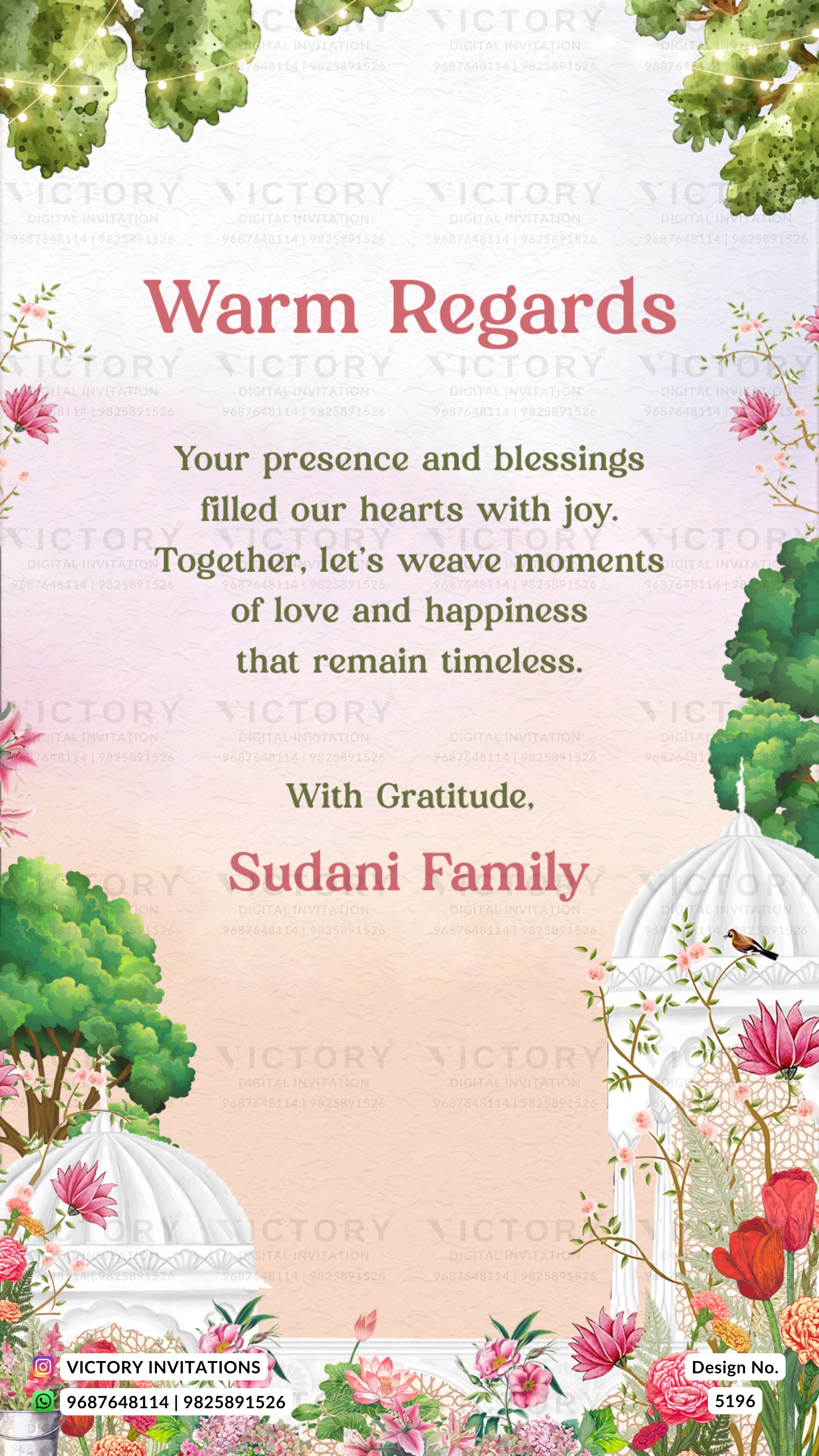 Greeting card with floral design and text, featuring the brand 'Victory Invitations'.
