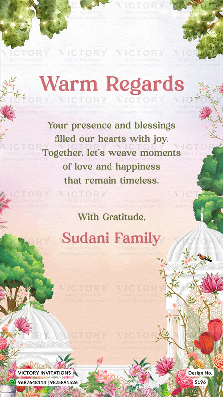 Greeting card with floral design and text, featuring the brand 'Victory Invitations'.