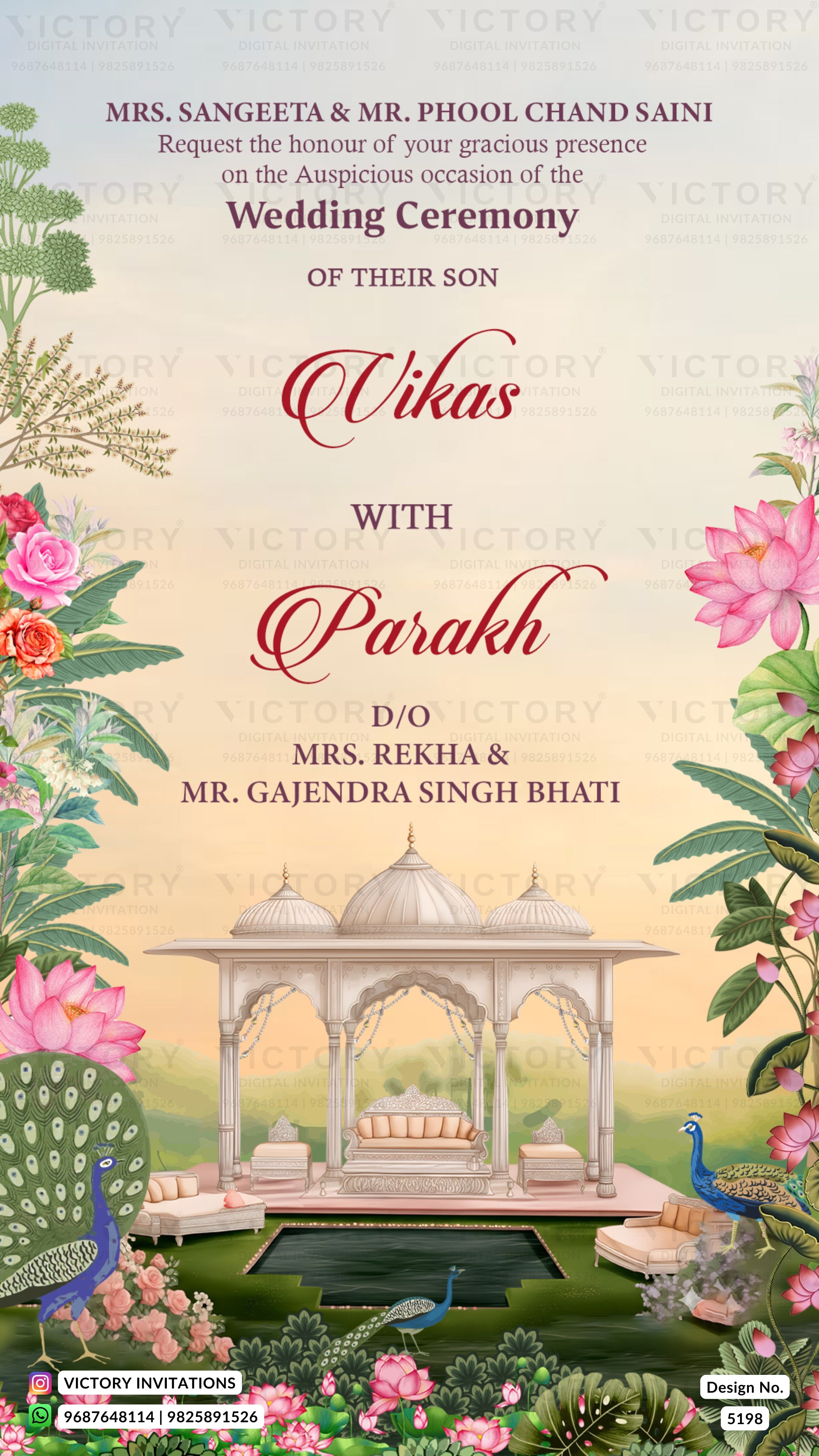 A wedding invitation card featuring an illustrated pavilion, peacocks, pink lotus flowers, and decorative foliage. The text reads: 'Mrs.