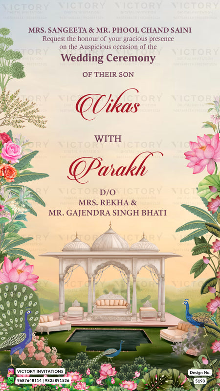 A wedding invitation card featuring an illustrated pavilion, peacocks, pink lotus flowers, and decorative foliage. The text reads: 'Mrs.