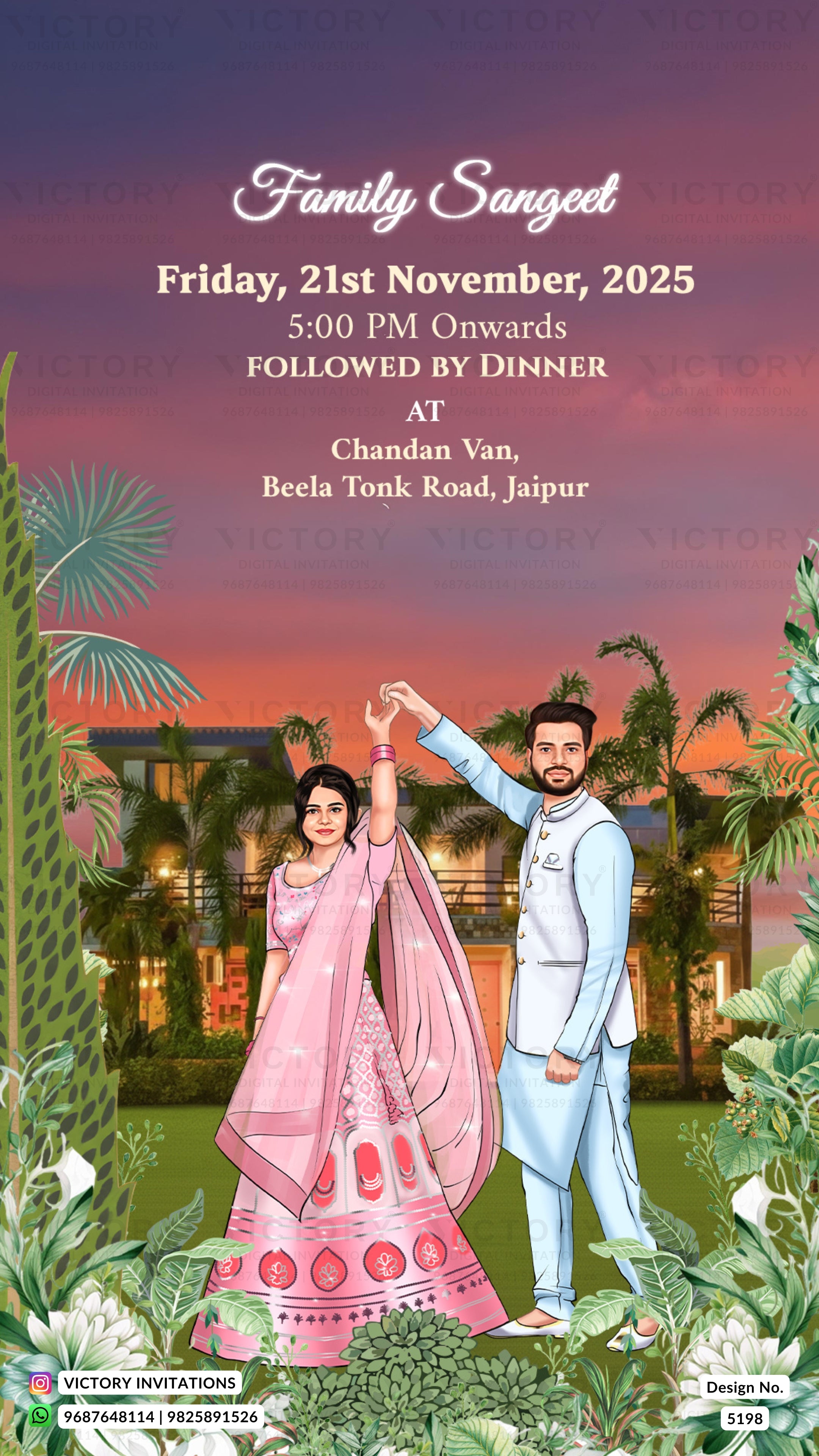 A digital invitation card for a 'Family Sangeet' event, featuring a colorful sunset sky background with an illustration of a bride in a pink traditional outfit and a groom in a light blue suit dancing in a garden setting. The text details the event date, time, and location.